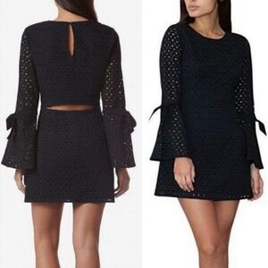 Anthro Avec Les Filles Eyelet Cutout Back Bell Sleeve Mini Dress sz L Black